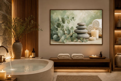 Eucalyptus Spa Wall Art - Sage Green Spa Decor | Bathroom Canvas Print, Zen Stone Painting