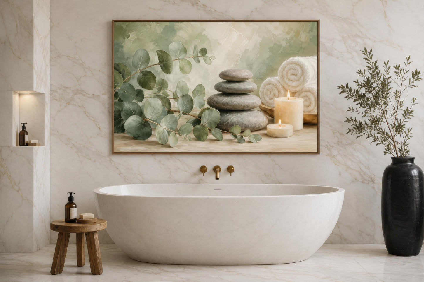 Eucalyptus Spa Wall Art - Sage Green Spa Decor | Bathroom Canvas Print, Zen Stone Painting