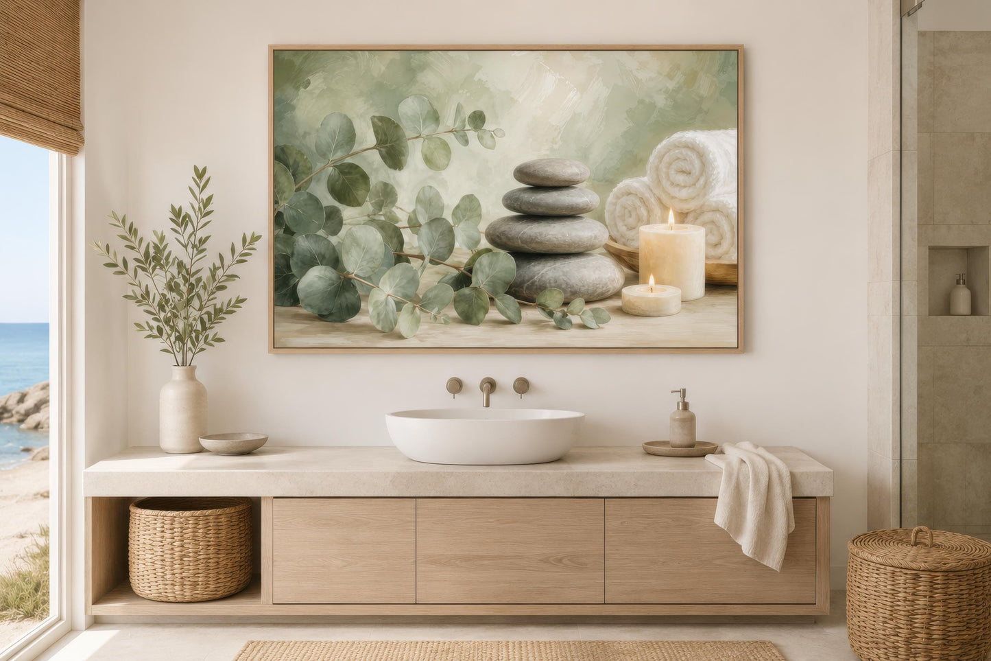 Eucalyptus Spa Wall Art - Sage Green Spa Decor | Bathroom Canvas Print, Zen Stone Painting