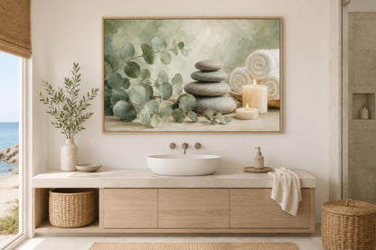 Eucalyptus Spa Wall Art - Sage Green Spa Decor | Bathroom Canvas Print, Zen Stone Painting