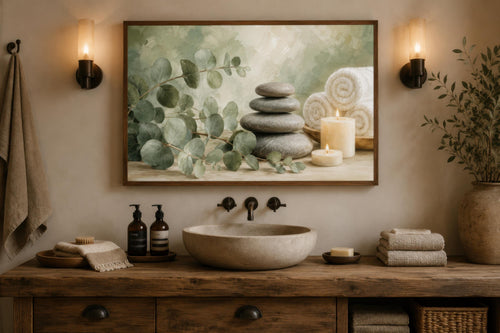 Eucalyptus Spa Wall Art - Sage Green Spa Decor | Bathroom Canvas Print, Zen Stone Painting