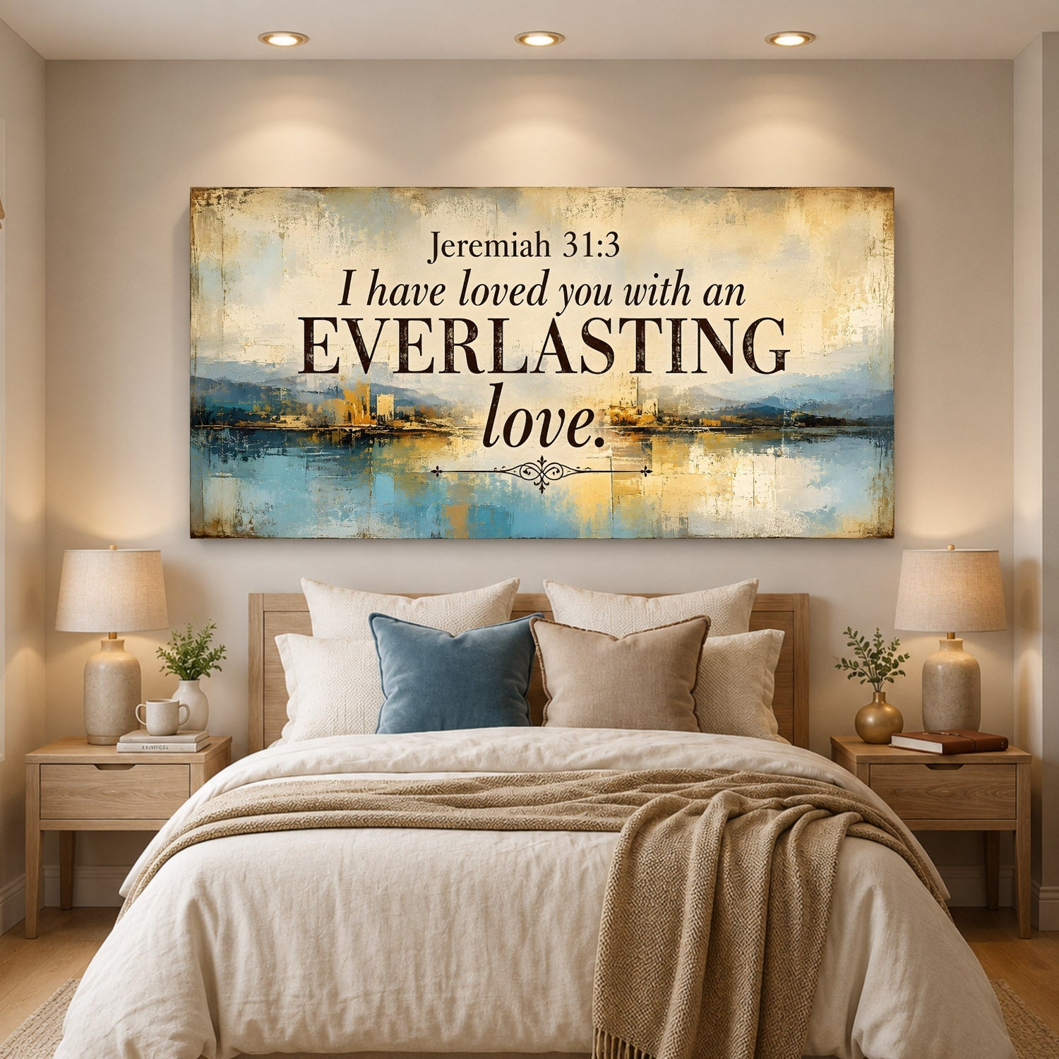Decorative wall art with 'Jeremiah 31:3' quote above a bed in a bedroom.