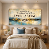 Decorative wall art with 'Jeremiah 31:3' quote above a bed in a bedroom.