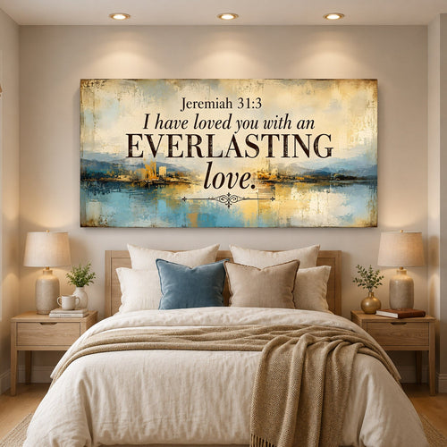 Decorative wall art with 'Jeremiah 31:3' quote above a bed in a bedroom.