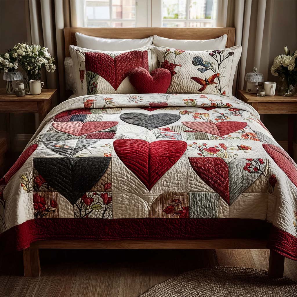 Everlasting Hearts 3-Piece Quilted Bedding Set - Single (59" x 70")