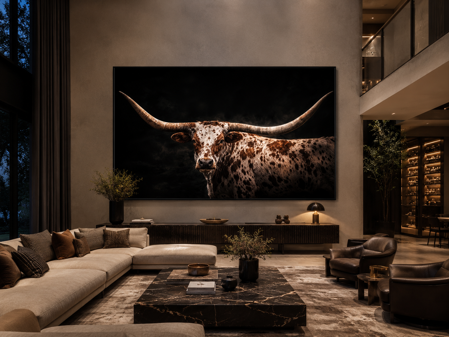 Spotted Texas Longhorn Wall Art - Rustic Western Ranch Art Canvas Print With Floating Frame