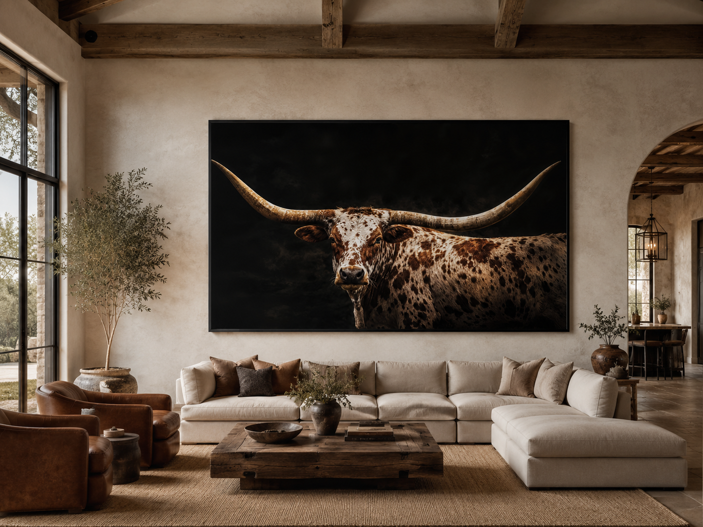 Spotted Texas Longhorn Wall Art - Rustic Western Ranch Art Canvas Print With Floating Frame