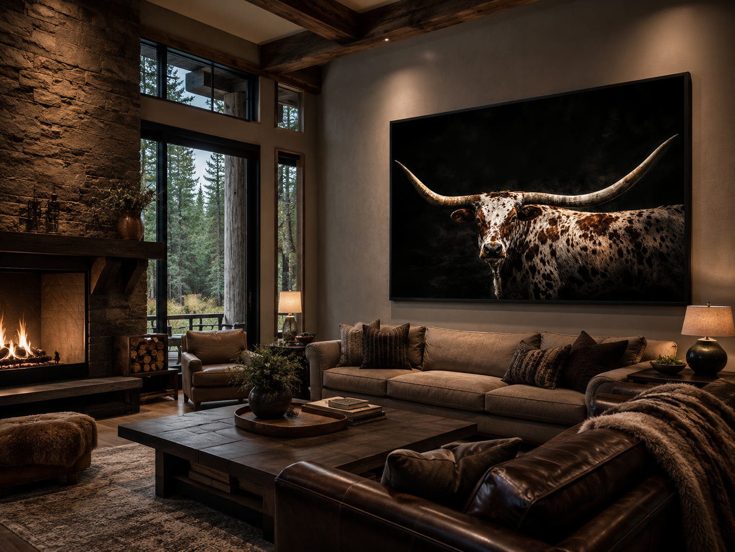 Spotted Texas Longhorn Wall Art - Rustic Western Ranch Art Canvas Print With Floating Frame