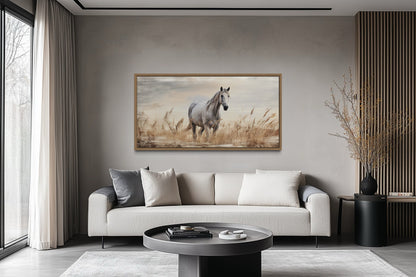 Farm Horse in The Wheat Field Farmhouse Framed Canvas Wall Art
