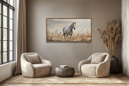 Farm Horse in The Wheat Field Farmhouse Framed Canvas Wall Art
