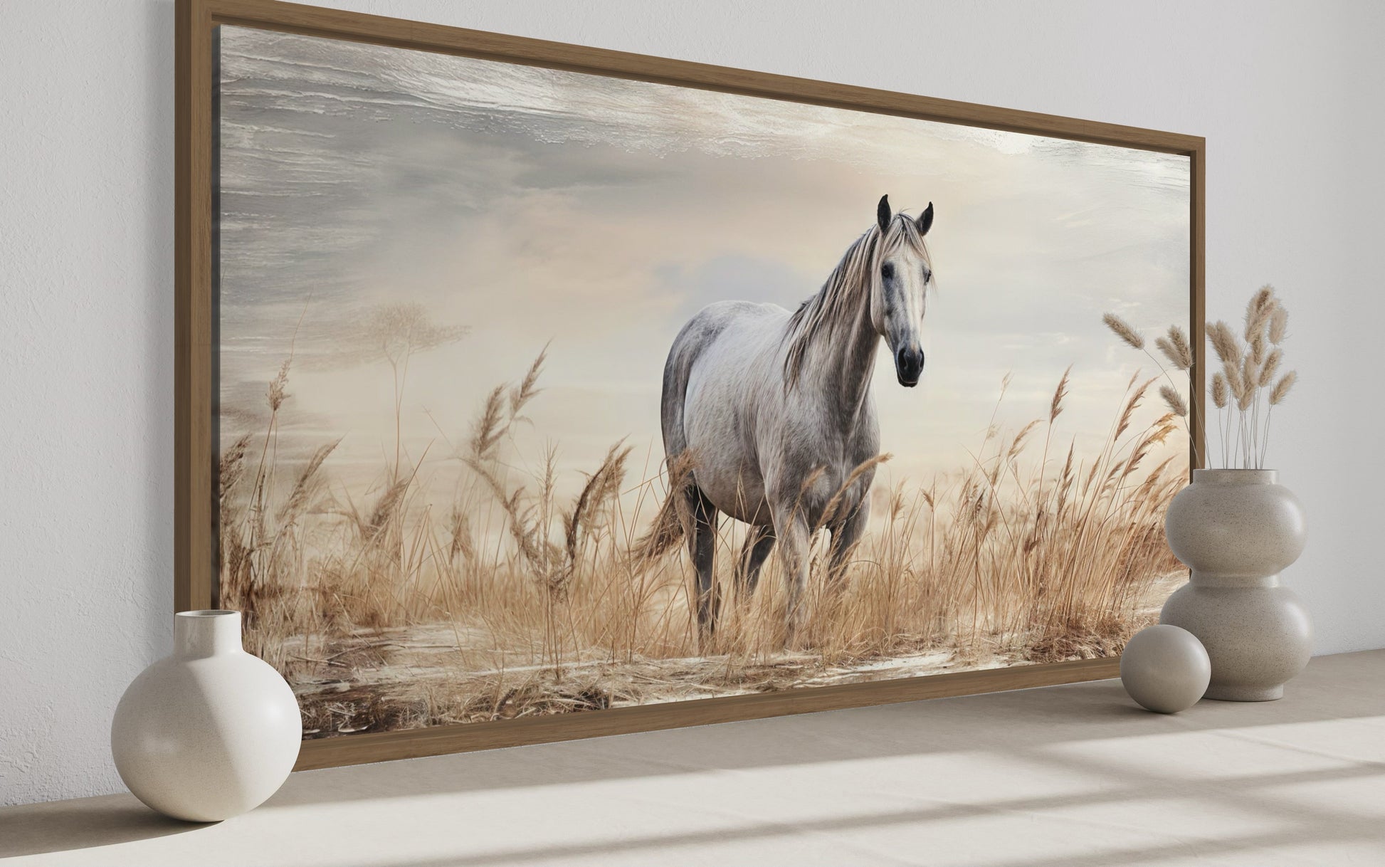 Farm Horse in The Wheat Field Farmhouse Framed Canvas Wall Art