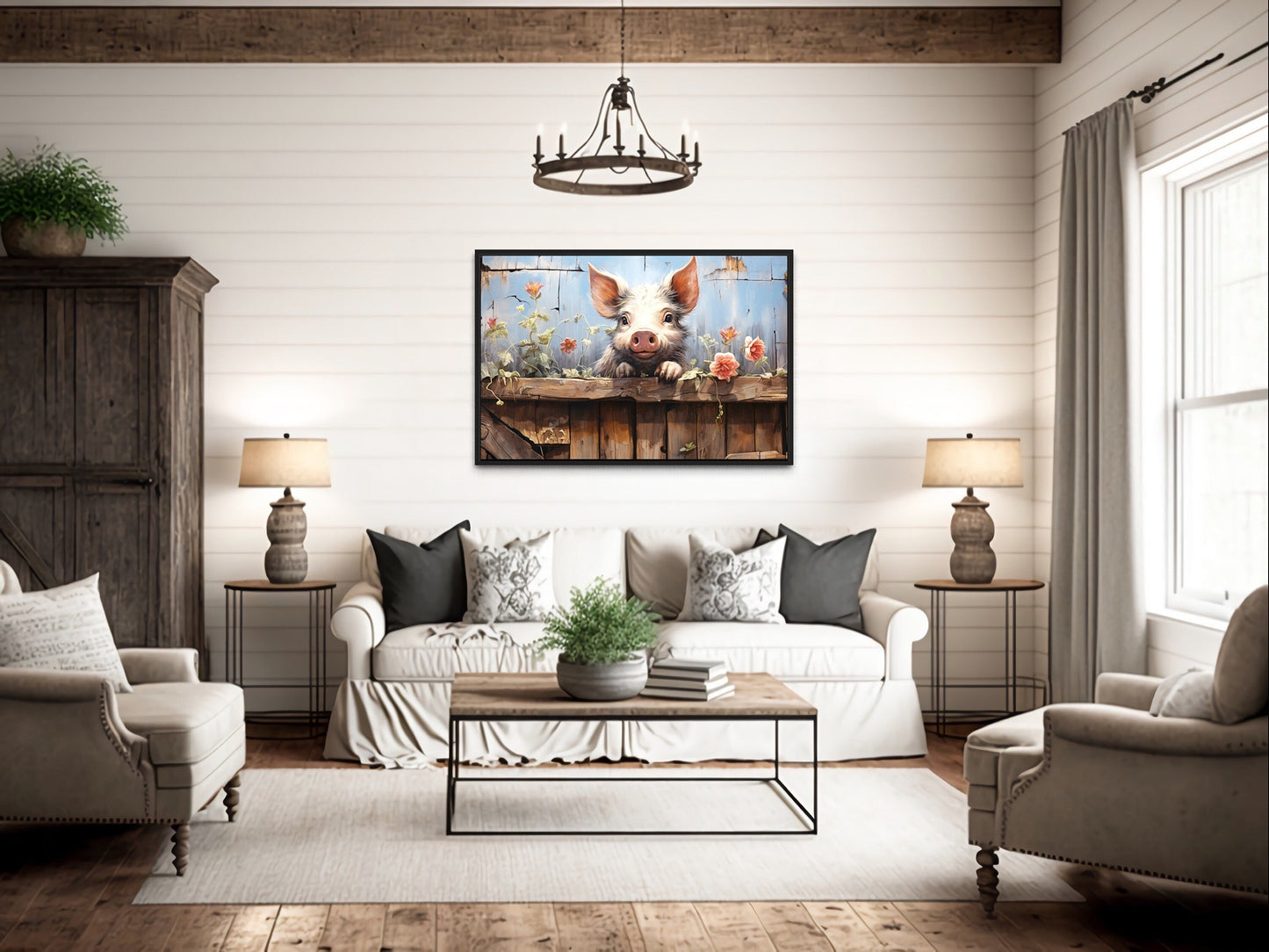 Farm Pig Rustic Painting Framed Canvas Wall Art