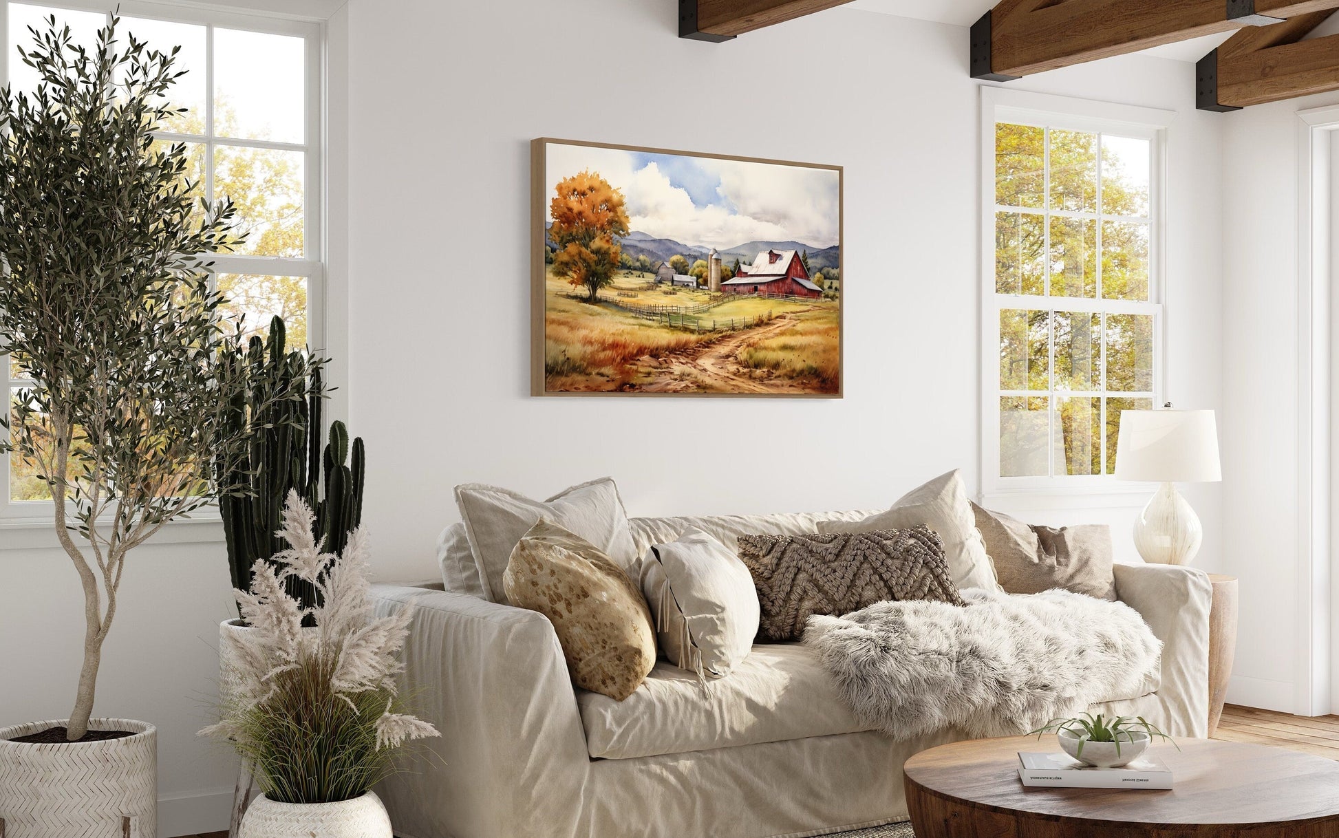 Farm Scene Painting With Red Barn in The Field Framed Canvas Wall Art