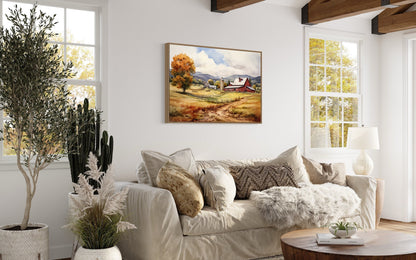 Farm Scene Painting With Red Barn in The Field Framed Canvas Wall Art