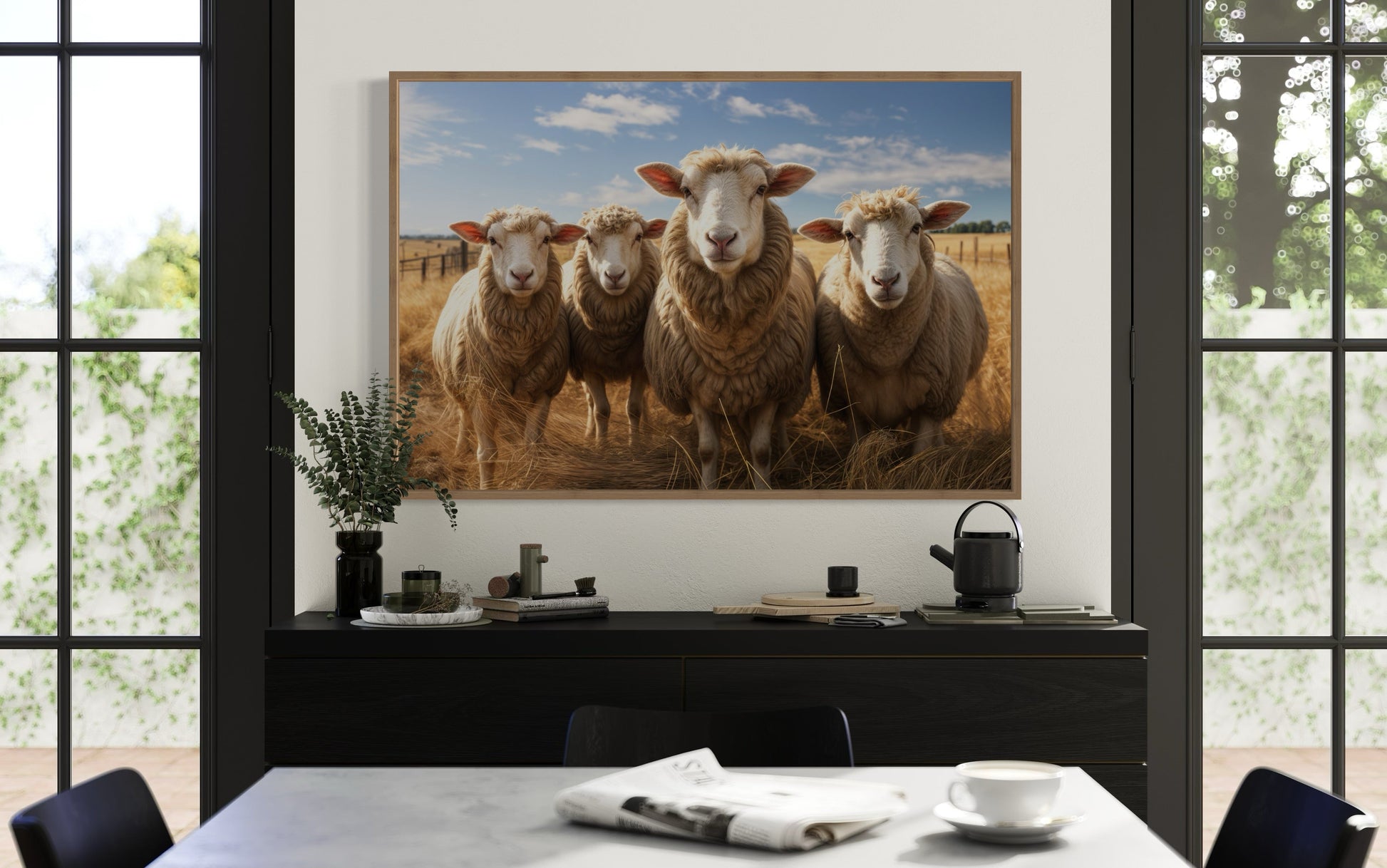 Farm Sheep In The Field Framed Canvas Wall Art for Farmhouse Kitchen