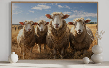 Farm Sheep In The Field Framed Canvas Wall Art for Farmhouse Kitchen