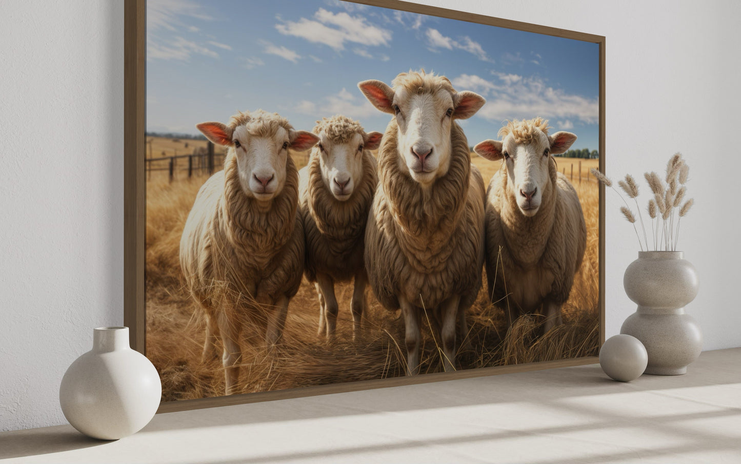 Farm Sheep In The Field Framed Canvas Wall Art for Farmhouse Kitchen