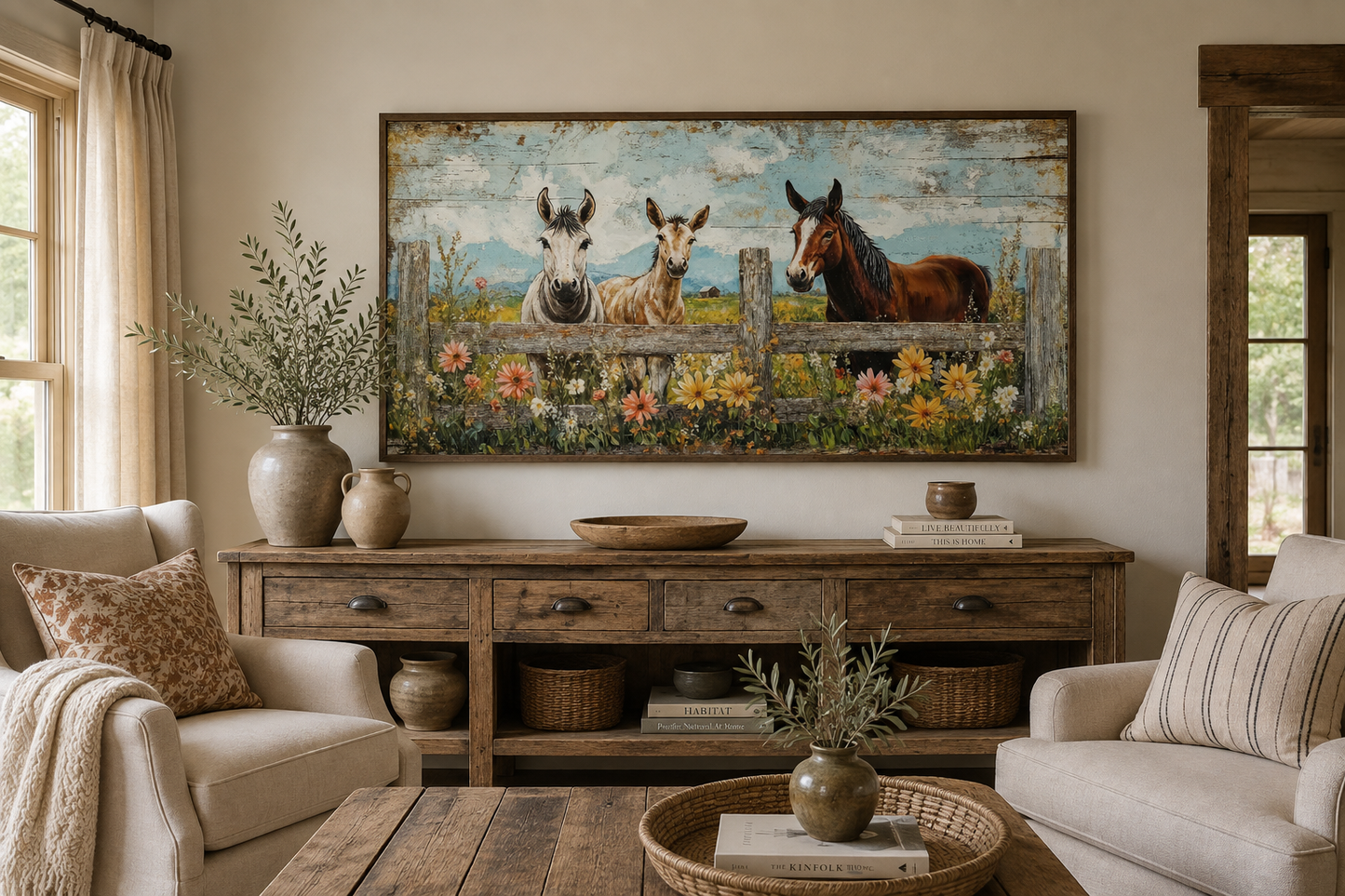 Farm Animals - Donkeys And Horse Framed Canvas Wall Art