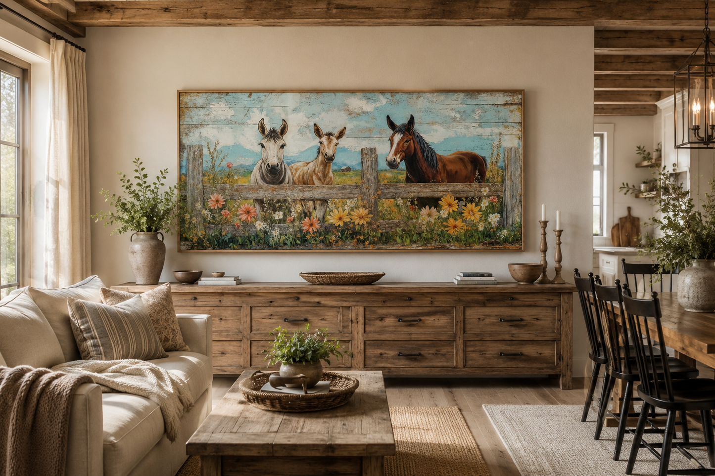 Farm Animals - Donkeys And Horse Framed Canvas Wall Art