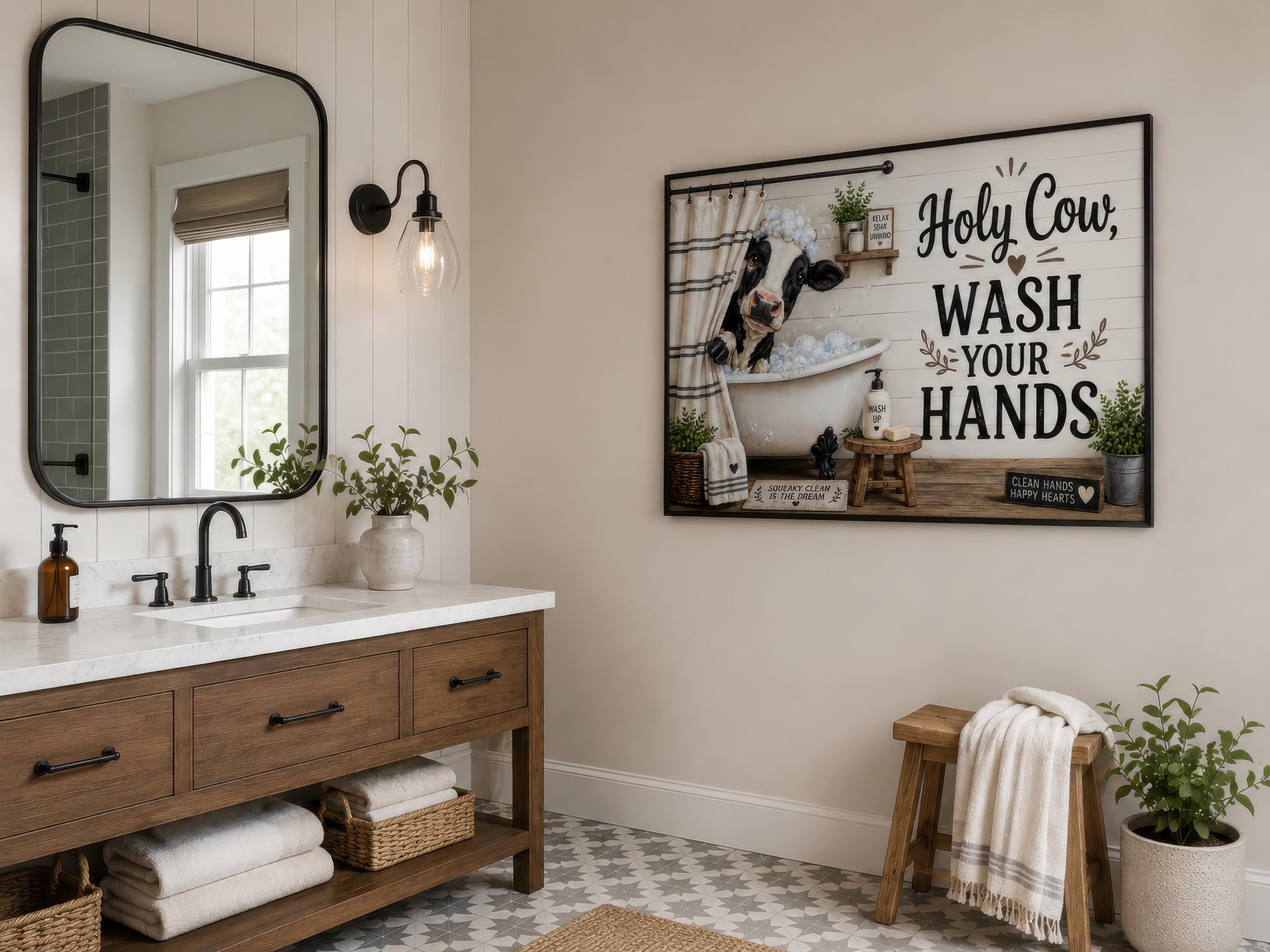 Farmhouse Bathroom Wall Art – Funny Cow Bathroom Decor | Wash Your Hands Canvas
