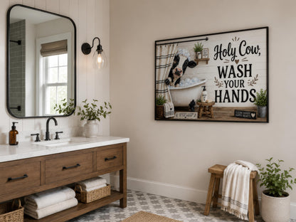 Farmhouse Bathroom Wall Art – Funny Cow Bathroom Decor | Wash Your Hands Canvas