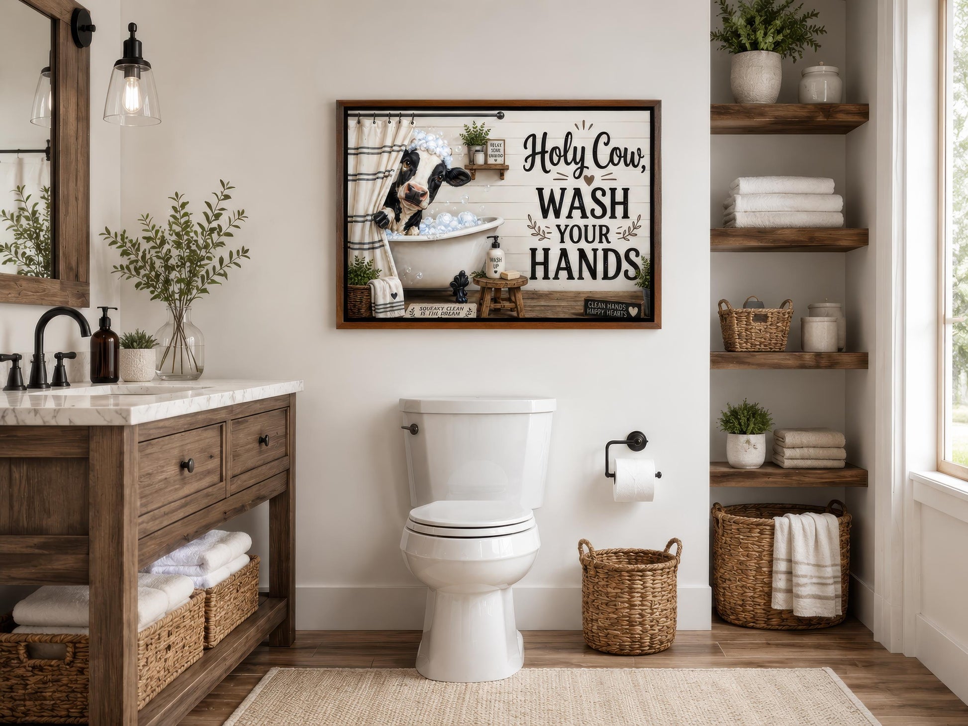 Farmhouse Bathroom Wall Art – Funny Cow Bathroom Decor | Wash Your Hands Canvas