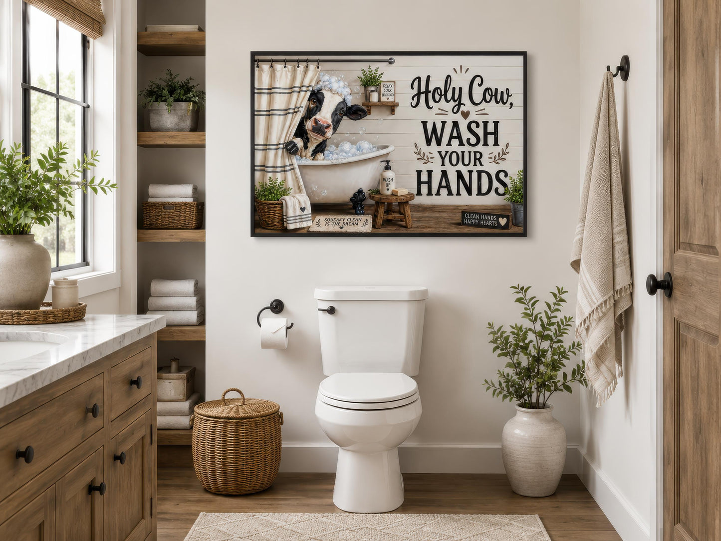 Farmhouse Bathroom Wall Art – Funny Cow Bathroom Decor | Wash Your Hands Canvas