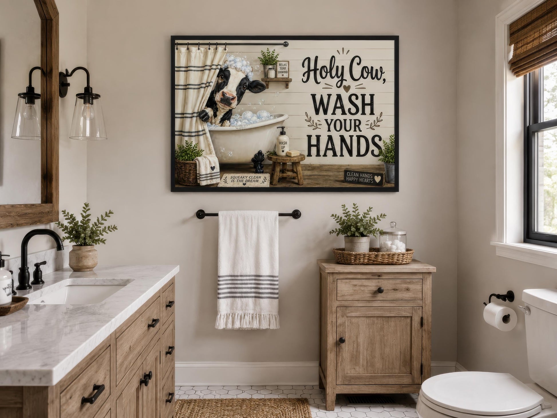 Farmhouse Bathroom Wall Art – Funny Cow Bathroom Decor | Wash Your Hands Canvas