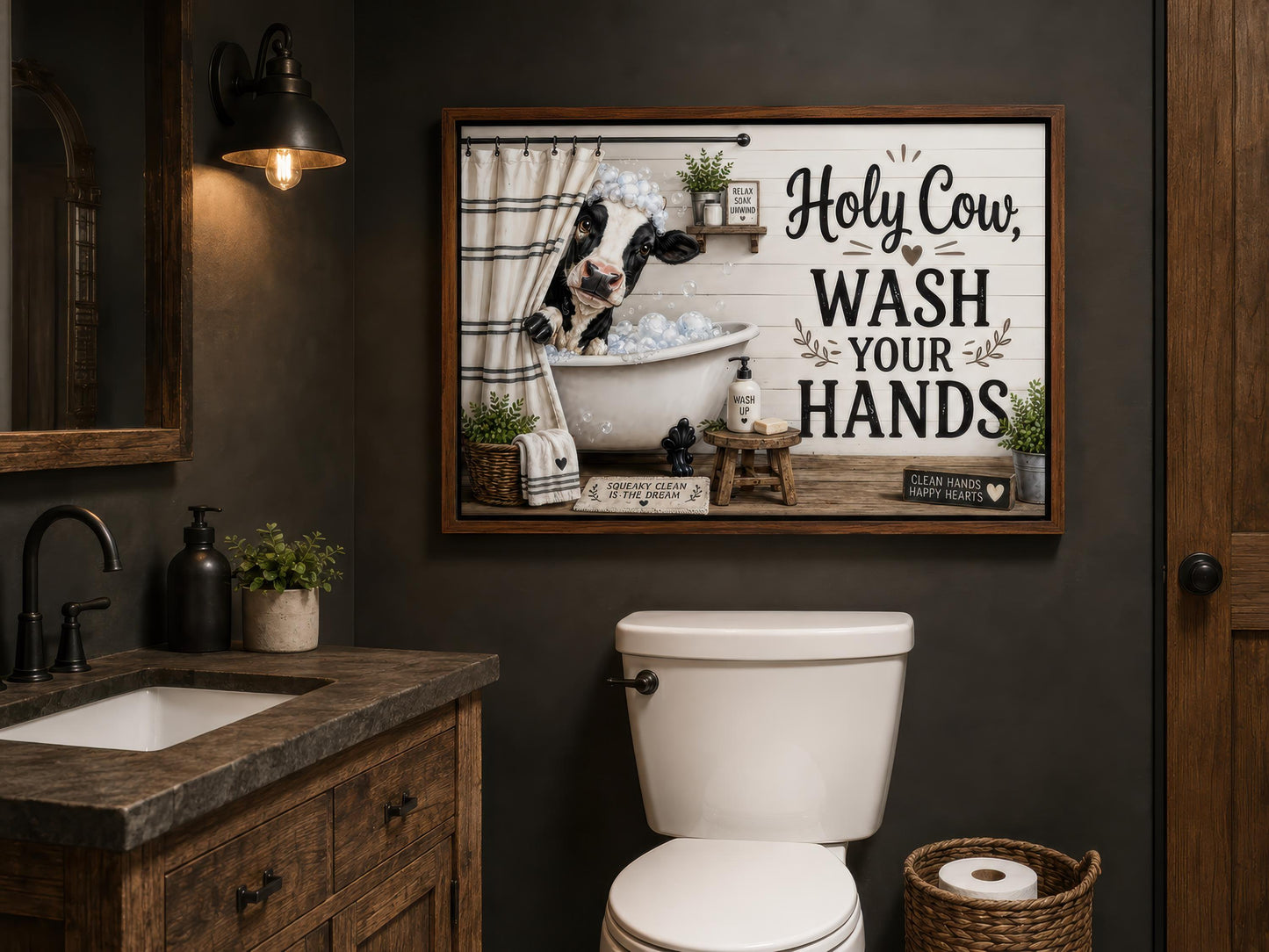 Farmhouse Bathroom Wall Art – Funny Cow Bathroom Decor | Wash Your Hands Canvas
