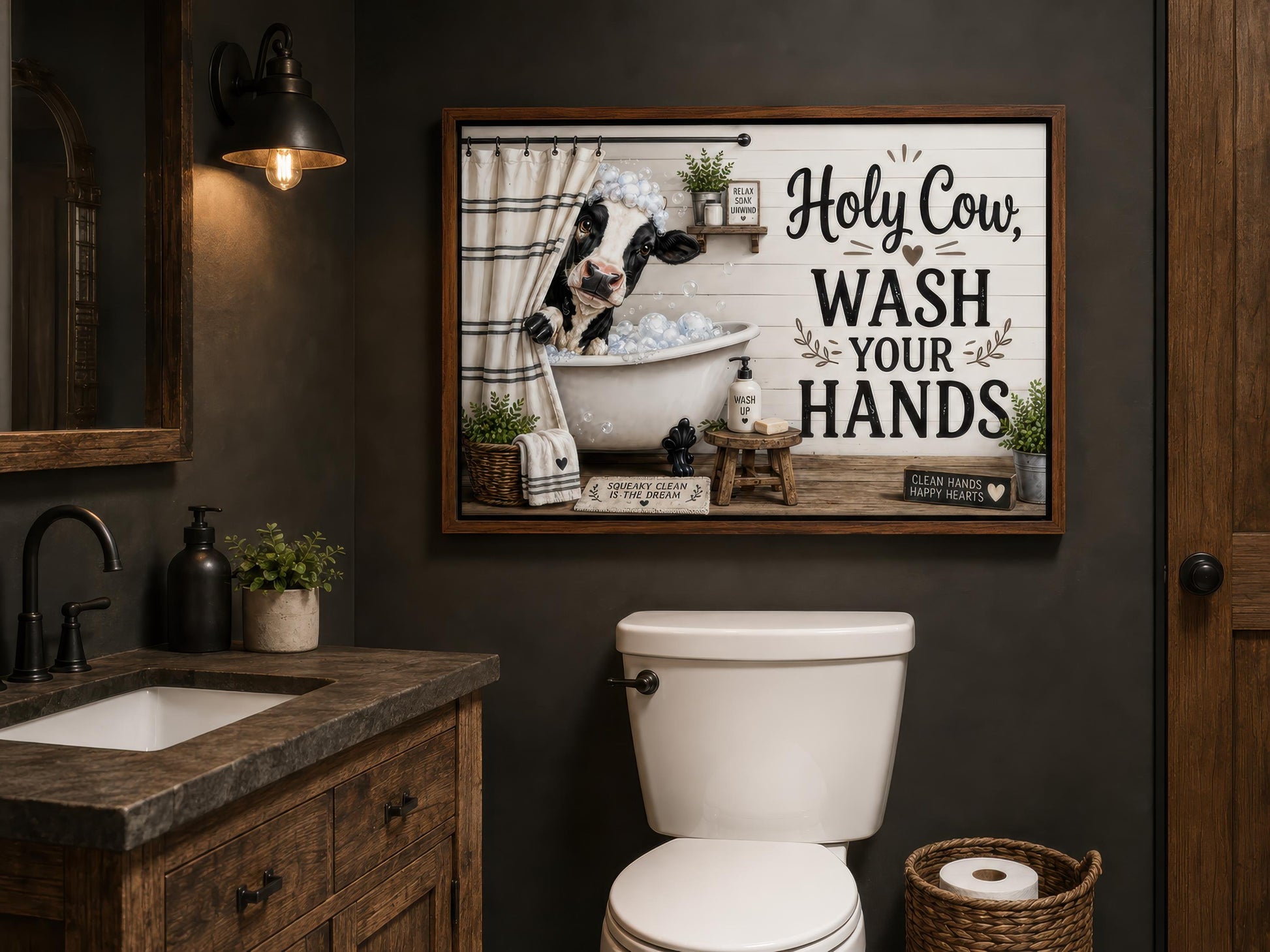 Farmhouse Bathroom Wall Art – Funny Cow Bathroom Decor | Wash Your Hands Canvas