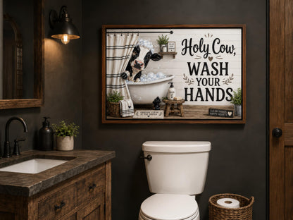 Farmhouse Bathroom Wall Art – Funny Cow Bathroom Decor | Wash Your Hands Canvas