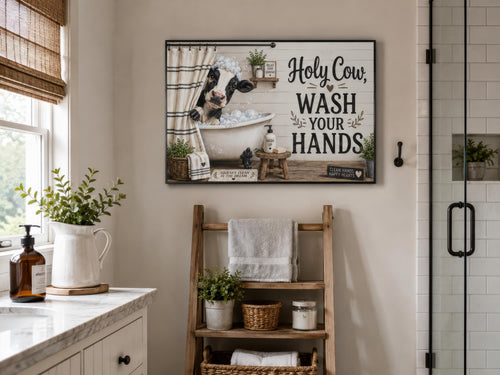 Farmhouse Bathroom Wall Art – Funny Cow Bathroom Decor | Wash Your Hands Canvas