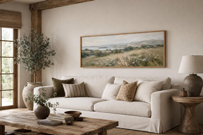 Farmhouse Grass Field Wall Art – Long Horizontal Canvas | Neutral Landscape Decor