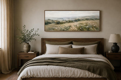 Farmhouse Grass Field Wall Art – Long Horizontal Canvas | Neutral Landscape Decor