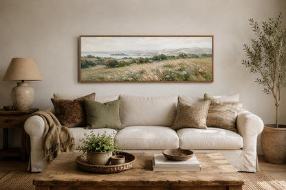 Farmhouse Grass Field Wall Art – Long Horizontal Canvas | Neutral Landscape Decor