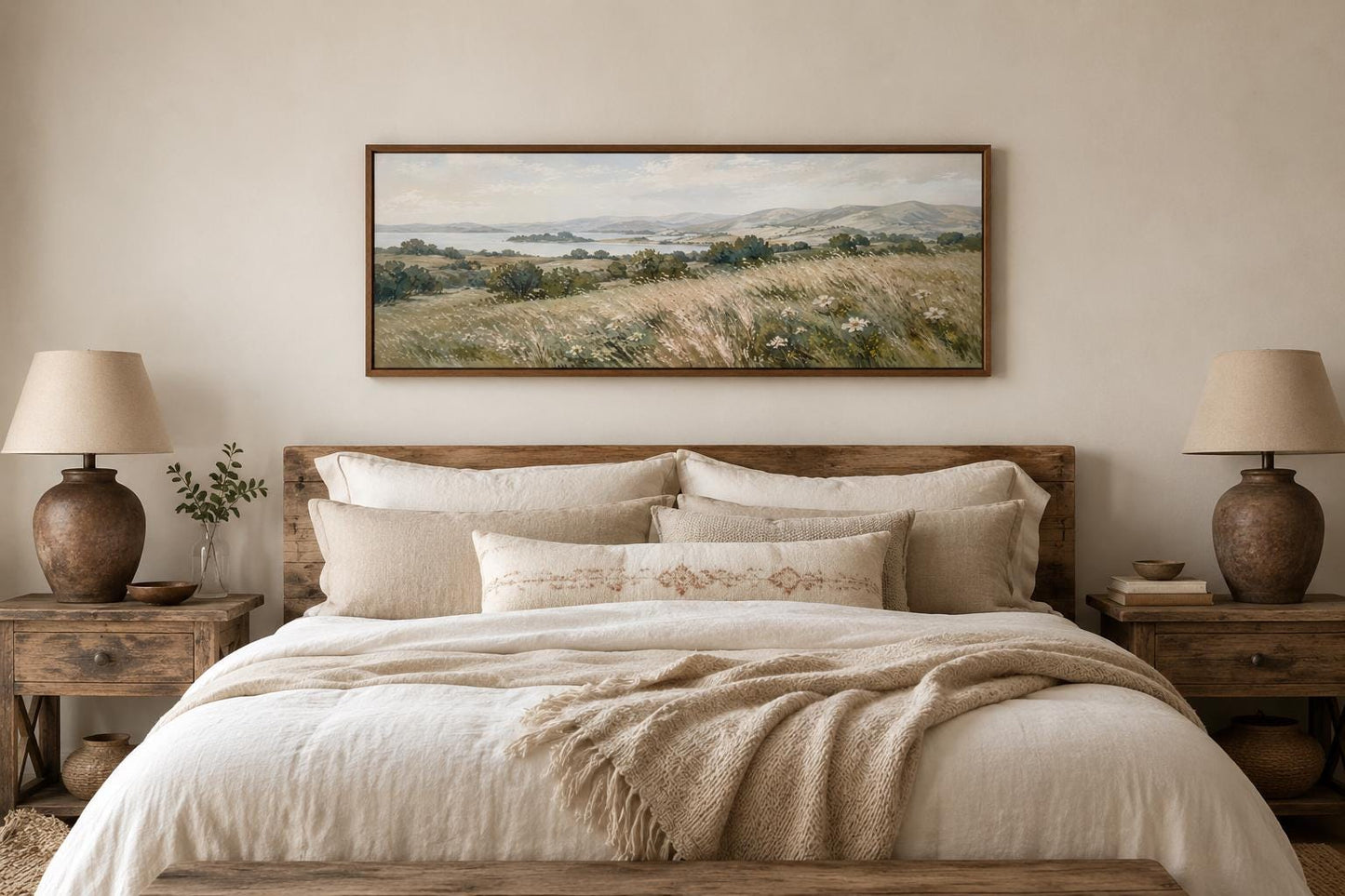 Farmhouse Grass Field Wall Art – Long Horizontal Canvas | Neutral Landscape Decor