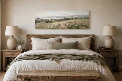 Farmhouse Grass Field Wall Art – Long Horizontal Canvas | Neutral Landscape Decor