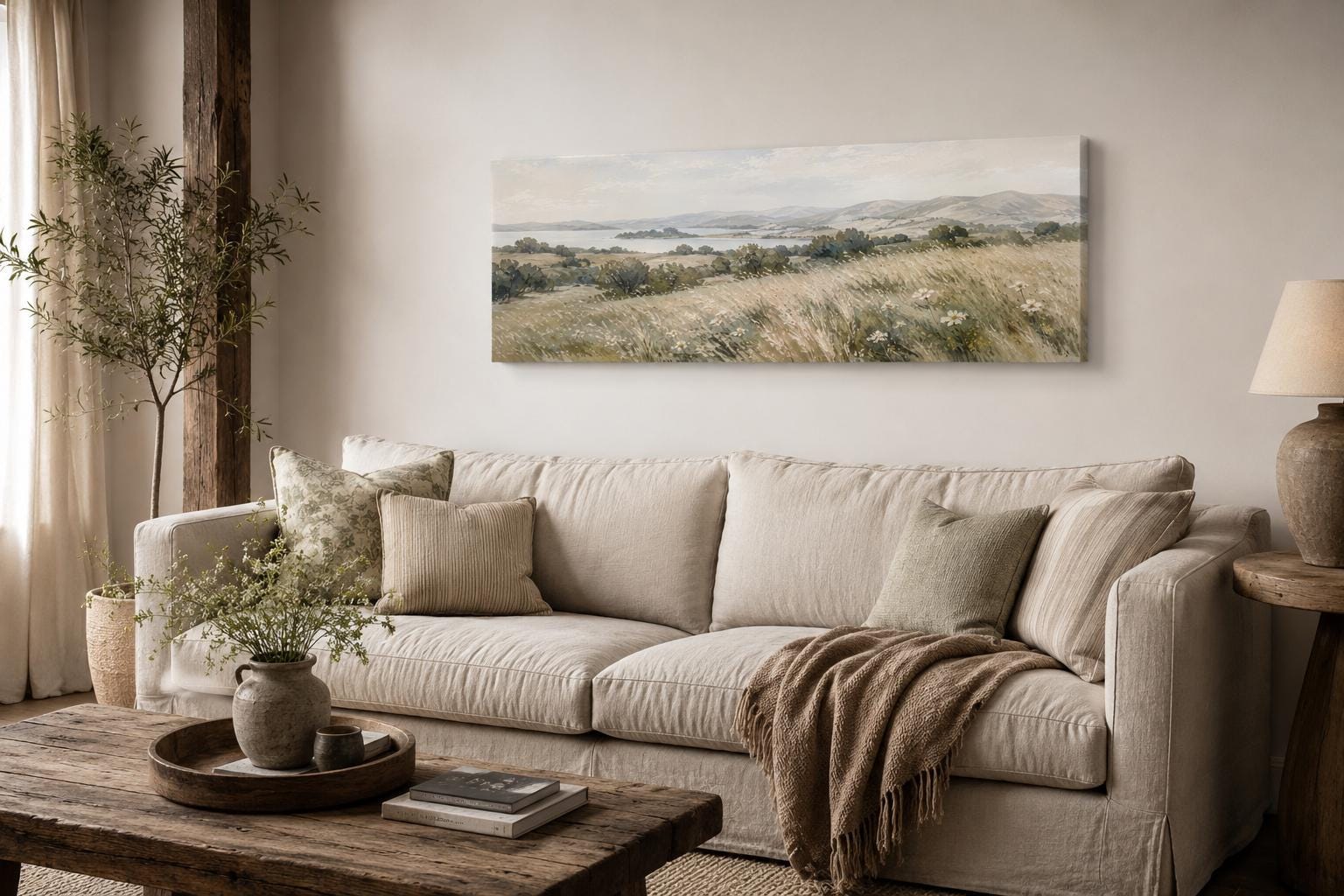 Farmhouse Grass Field Wall Art – Long Horizontal Canvas | Neutral Landscape Decor
