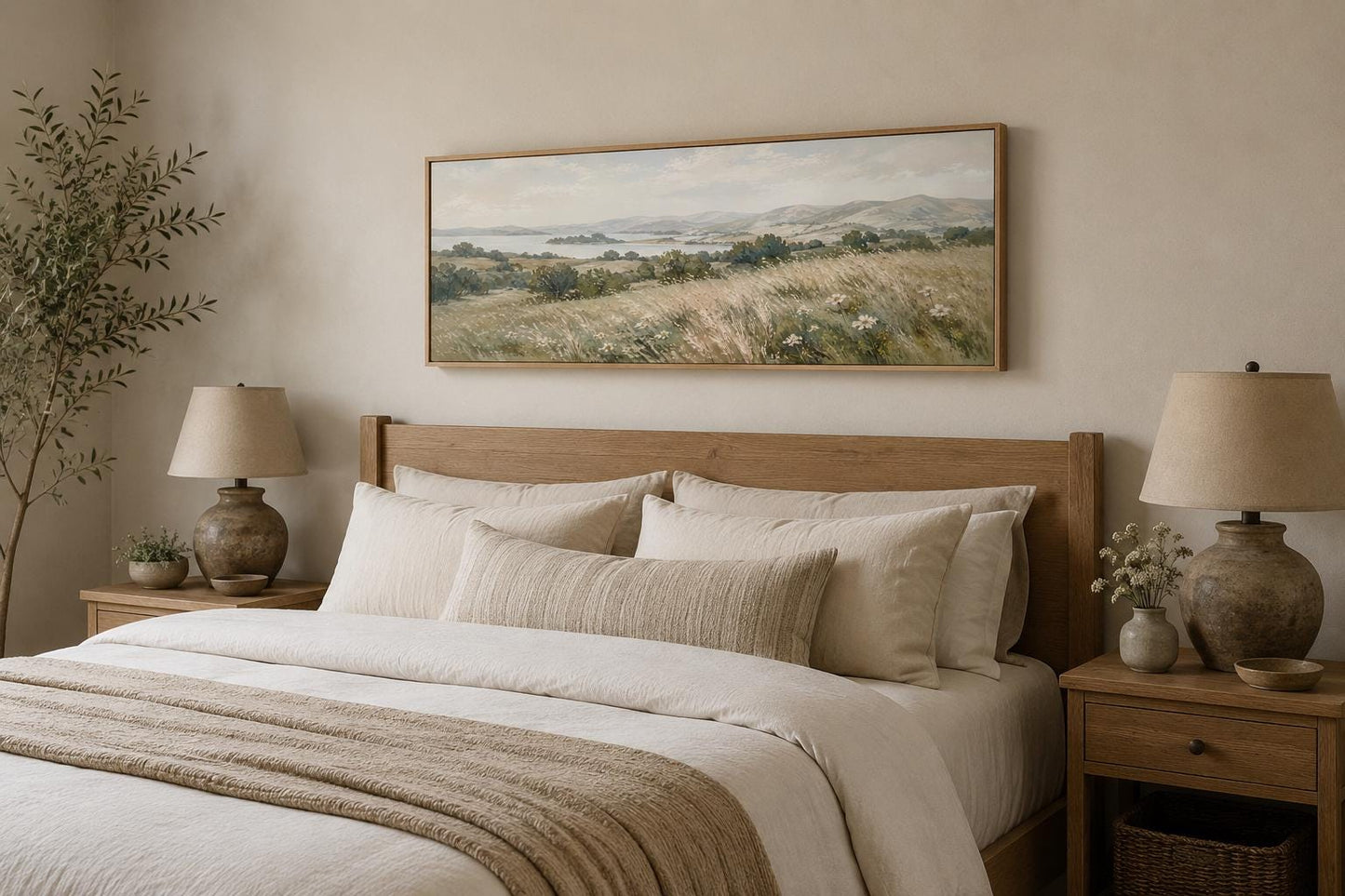 Farmhouse Grass Field Wall Art – Long Horizontal Canvas | Neutral Landscape Decor