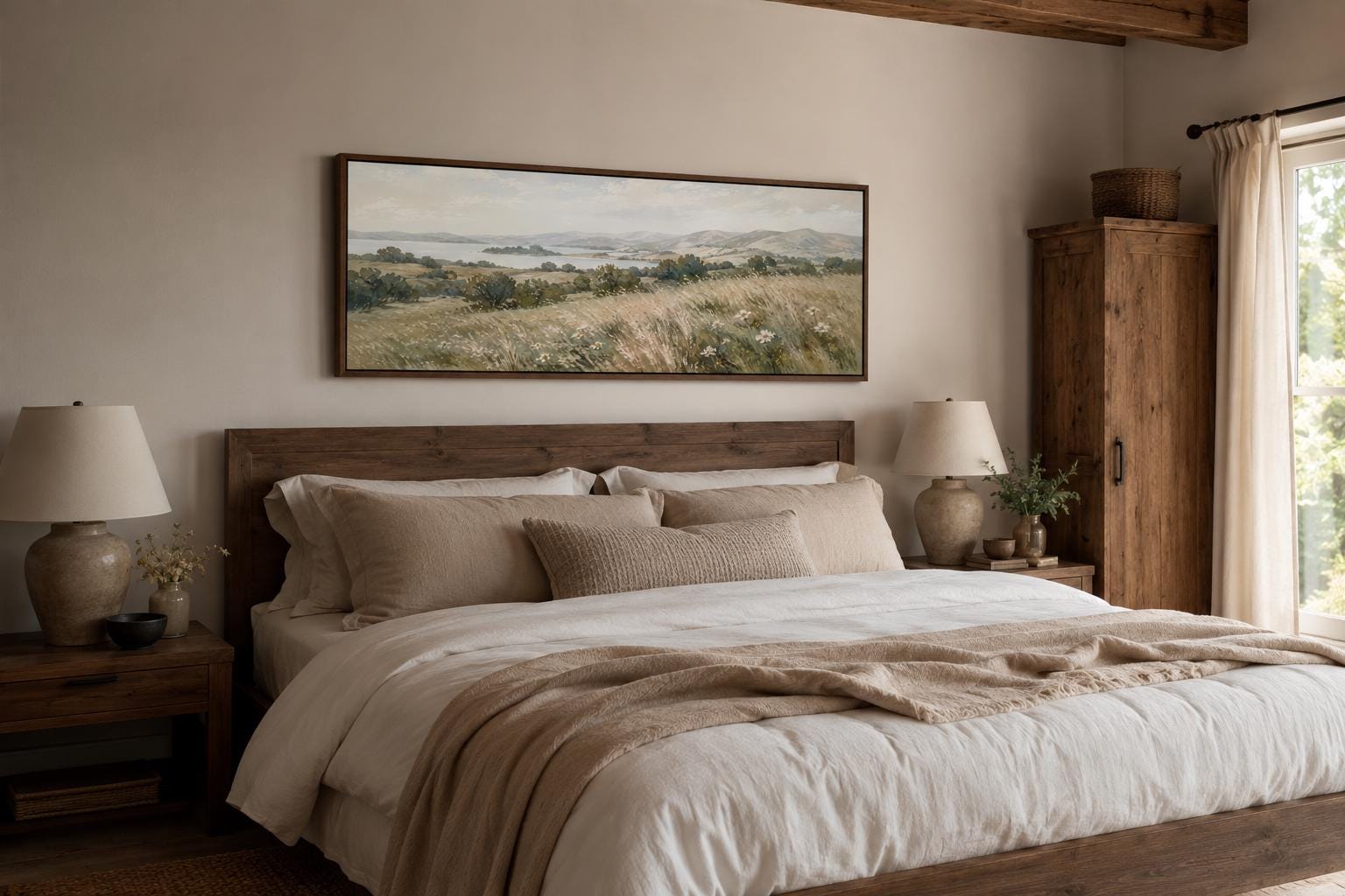 Farmhouse Grass Field Wall Art – Long Horizontal Canvas | Neutral Landscape Decor