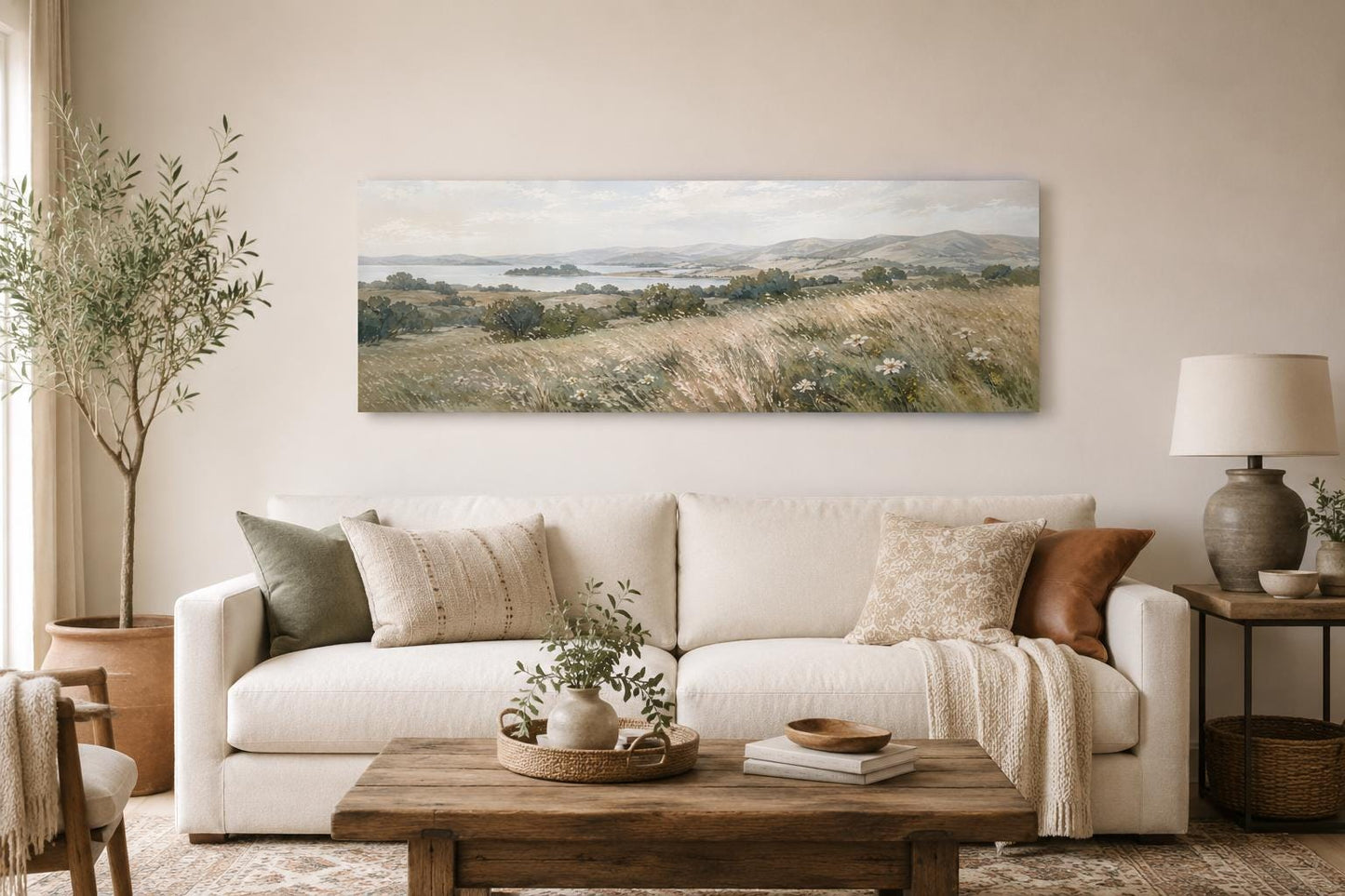 Farmhouse Grass Field Wall Art – Long Horizontal Canvas | Neutral Landscape Decor