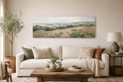 Farmhouse Grass Field Wall Art – Long Horizontal Canvas | Neutral Landscape Decor