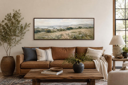 Farmhouse Grass Field Wall Art – Long Horizontal Canvas | Neutral Landscape Decor
