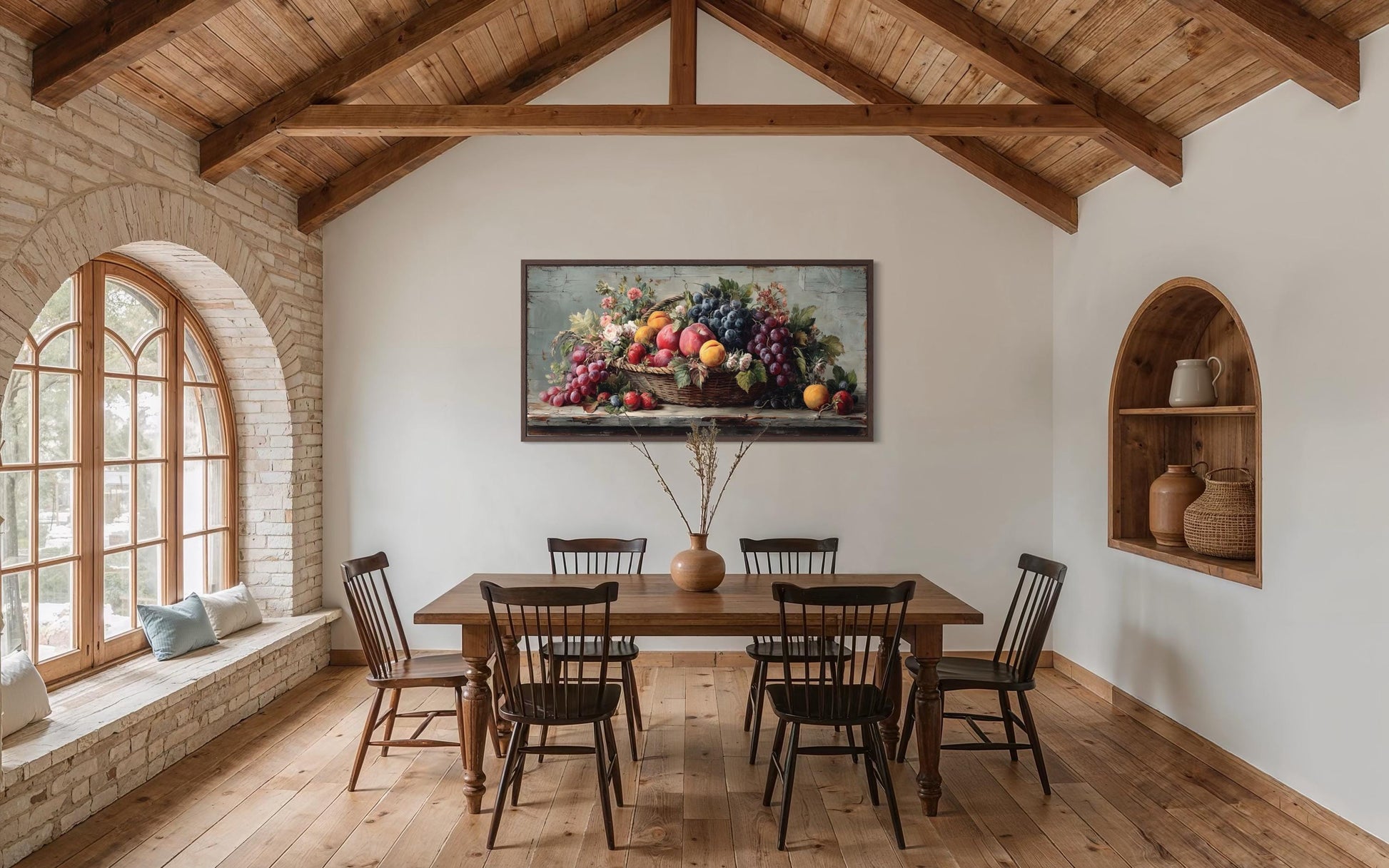 Farmhouse Kitchen Wall Art – Rustic Fruit Still Life Canvas With Grapes, Peaches & Apples Print