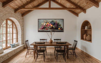 Farmhouse Kitchen Wall Art – Rustic Fruit Still Life Canvas With Grapes, Peaches & Apples Print