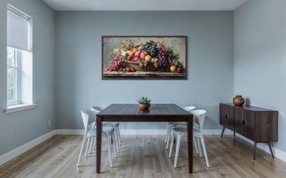 Farmhouse Kitchen Wall Art – Rustic Fruit Still Life Canvas With Grapes, Peaches & Apples Print
