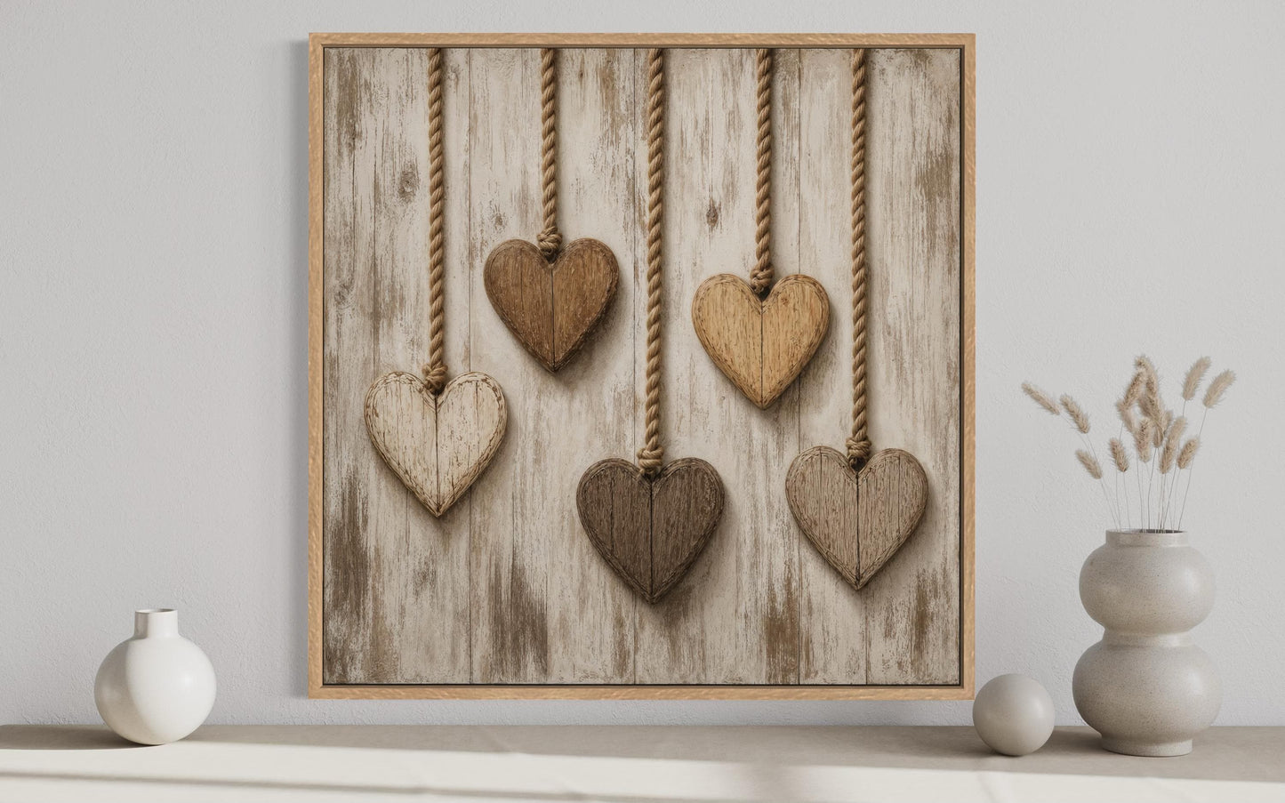 Farmhouse Kitchen Wall Art | Rustic Heart Canvas With Five Wooden Hearts On Whitewashed Wood