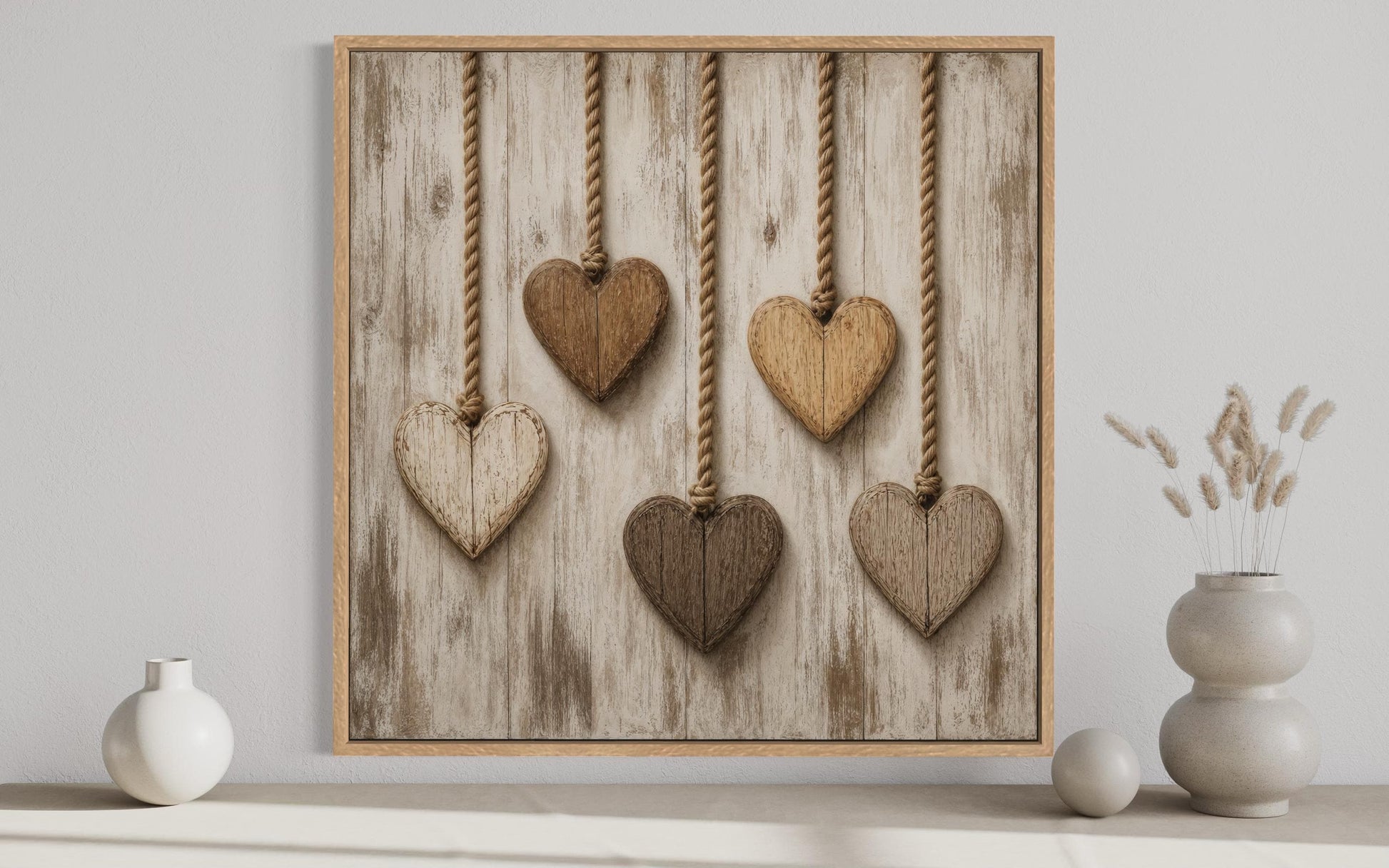 Farmhouse Kitchen Wall Art | Rustic Heart Canvas With Five Wooden Hearts On Whitewashed Wood