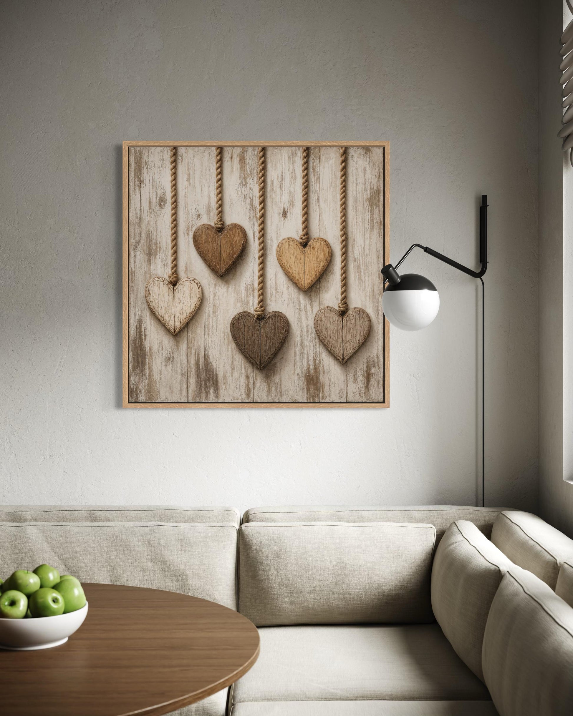 Farmhouse Kitchen Wall Art | Rustic Heart Canvas With Five Wooden Hearts On Whitewashed Wood