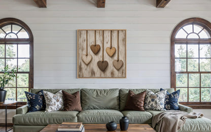 Farmhouse Kitchen Wall Art | Rustic Heart Canvas With Five Wooden Hearts On Whitewashed Wood